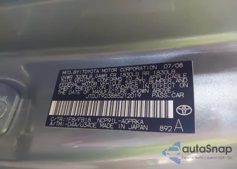 2008 Toyota Yaris z USA, uszkodzony, nr VIN JTDJT923885212019